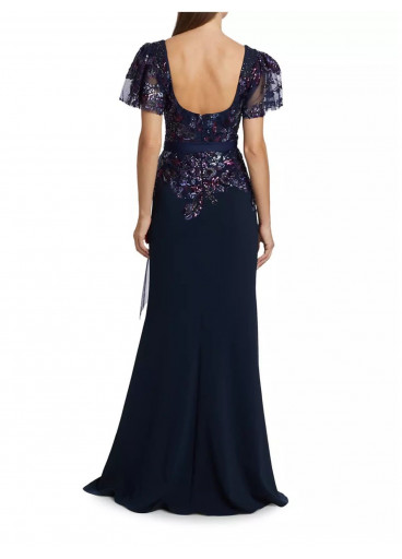 Badgley Mischka beaded lace flutter-sleeve gown