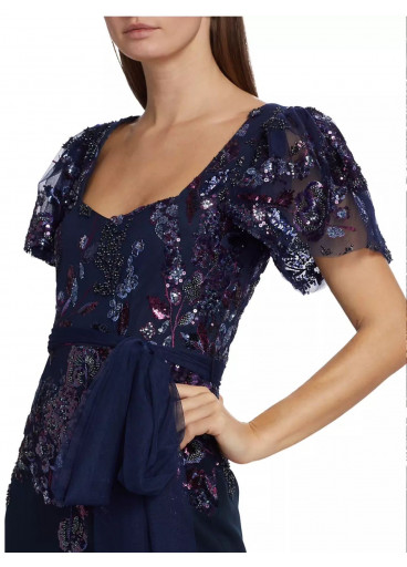 Badgley Mischka beaded lace flutter-sleeve gown