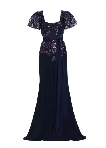 Badgley Mischka beaded lace flutter-sleeve gown