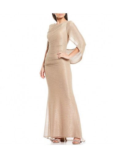 Betsy & Adam Drape Back Cape Sleeveless Metallic Crinkle Mermaid Gown 