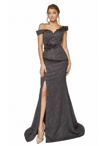 Posh off-the-shoulder evening gown with peplum by Terani