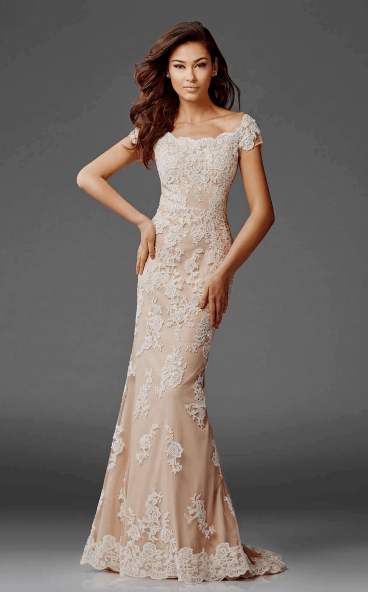 Lace-layered short-sleeved evening gown with scalloped detail by Clarisse