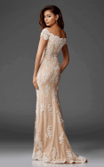 Lace-layered short-sleeved evening gown with scalloped detail by Clarisse