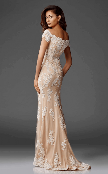 Lace-layered short-sleeved evening gown with scalloped detail by Clarisse