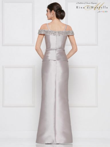Rina di Montella Mikado gown with peplum and beaded off the shoulders and neckline 