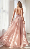  Cinderella Divine A-line pleated metallic gown with beaded bodice and open back