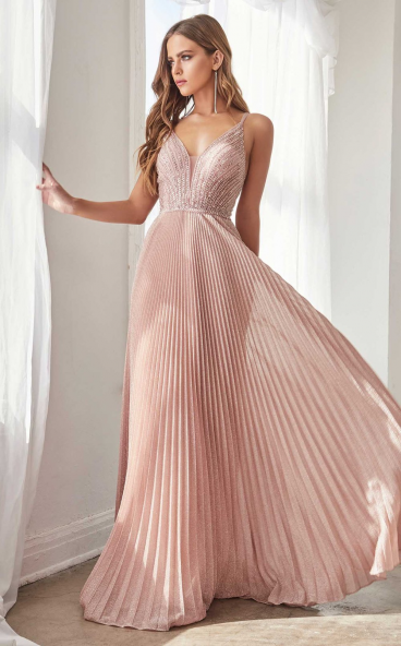  Cinderella Divine A-line pleated metallic gown with beaded bodice and open back