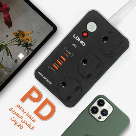 توصيلة كهربائية LDNIO SK3469 PD20W 5M مقاومة للحريق بثلاثة مقابس و 3 منافذ USB