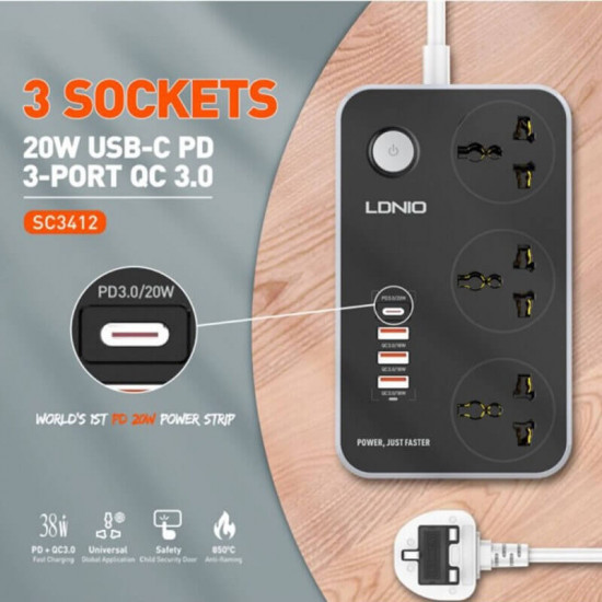 توصيلة كهربائية LDNIO SK3469 PD20W  مقاومة للحريق 2متر بثلاثة مقابس و 3 منافذ USB 