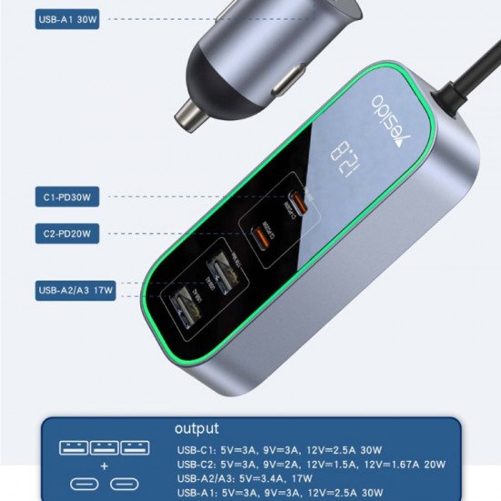 Yesido Y53 QC3.0 شاحن سيارة 97 واط خمسة منافذ شحن سريع