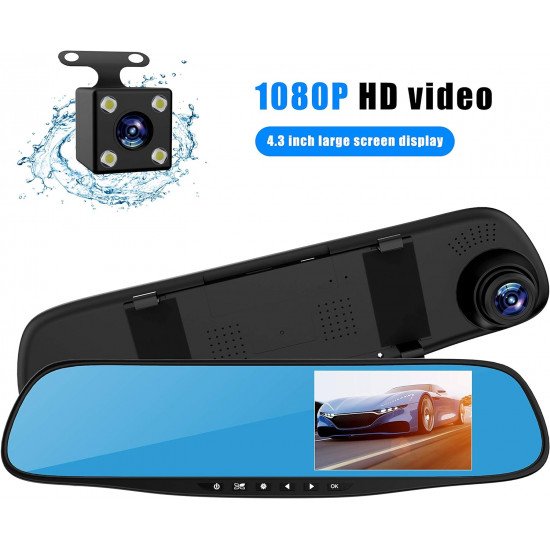  كاميرات داش امامية وخلفية للسيارة، عدسة مزدوجة HD 1080P 4. كاميرا دي في ار لمراة الرؤية الخلفية للسيارة، مقاس 3 انش