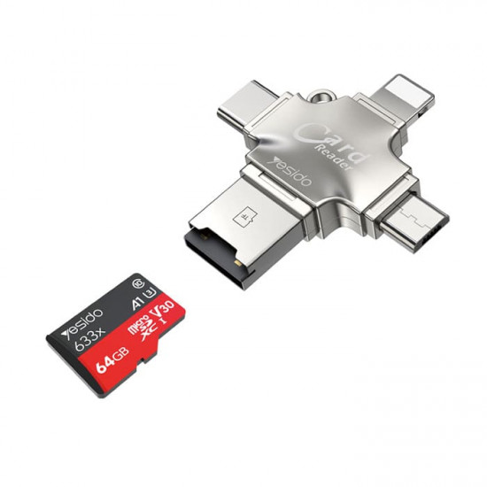 يسيدو - Yesido GS13 قارئ بطاقات متعدد الوظائف 4 في 1 مع محول USB3.0 فائق السرعة لنقل البيانات OTG - فضي