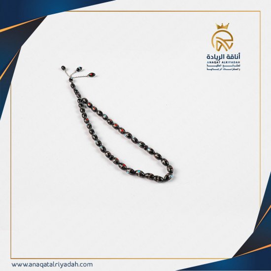سبحة خشب يسر مطعم بالفضة مع المرجان و الفيروز