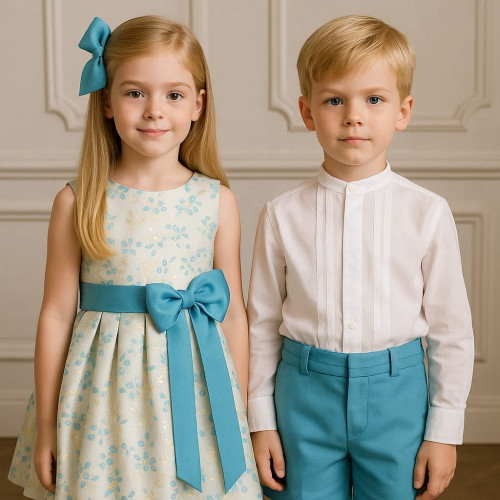 240411 فستان بدون اكمام بنقش وفيونكة بحزام آزرق 