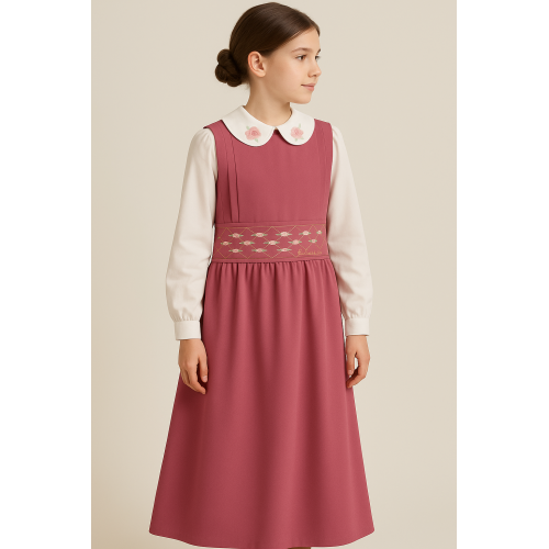 مريول مدرسي وردي قطعتين مريول بحزام  مطرز مع قميص مطرز  أبيض  144708