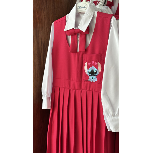 مريول مدرسي فوشي ٣ قطع مريول بتطريز شخصية ستيتش مع قميص أبيض بثنيات وفيونكة 144710 مريول مدرسي فوشي ٣ قطع مريول بتطريز شخصية ستيتش مع قميص أبيض بثنيات وفيونكة 144710