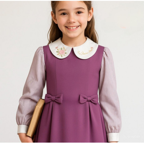 مريول مدرسي قطعتين مريول موف بفيونكات مع قميص مطرز مقلم 240421 مريول مدرسي قطعتين مريول موف بفيونكات مع قميص مطرز مقلم 240421