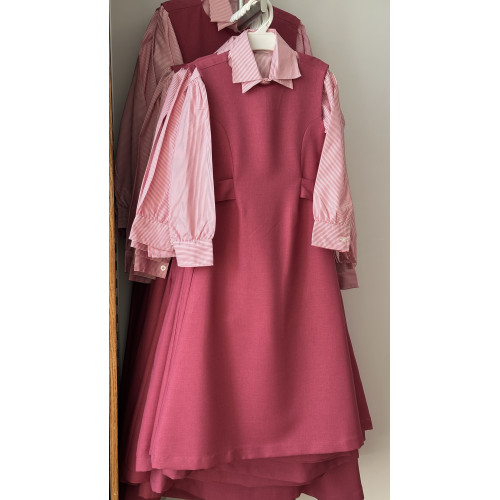 مريول مدرسي وردي بربطات خلفية مع قميص مقلم 144717