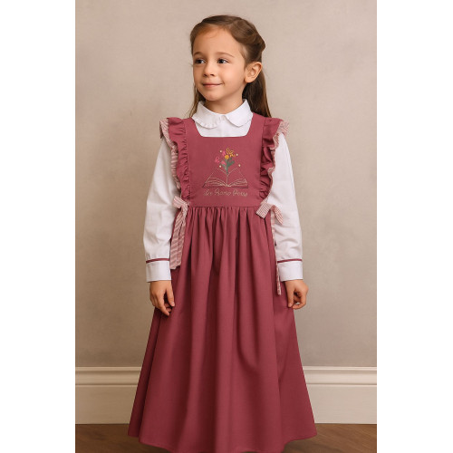 مريول مدرسي وردي مطرز  وبكشكش مخطط + قميص أبيض بياقة   240425