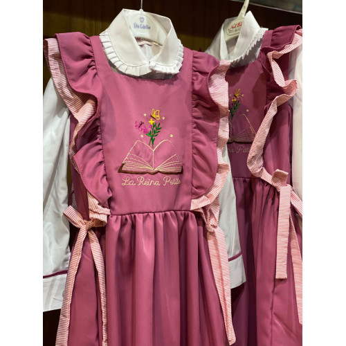 مريول مدرسي وردي مطرز  وبكشكش مخطط + قميص أبيض بياقة   240425