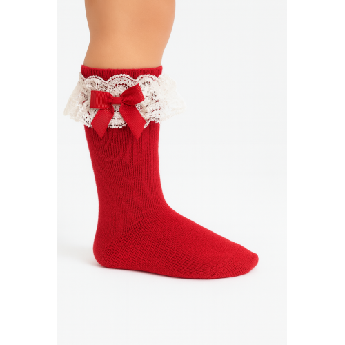 جوارب طويلة لون أحمر  بدانتيل