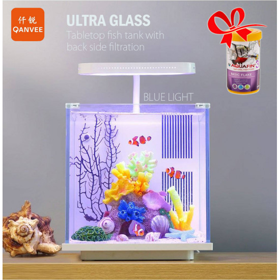 حوض أنيق صغير مميز مع فلتر وإضاءة بحرية من شركة - QANVEE aquarium
