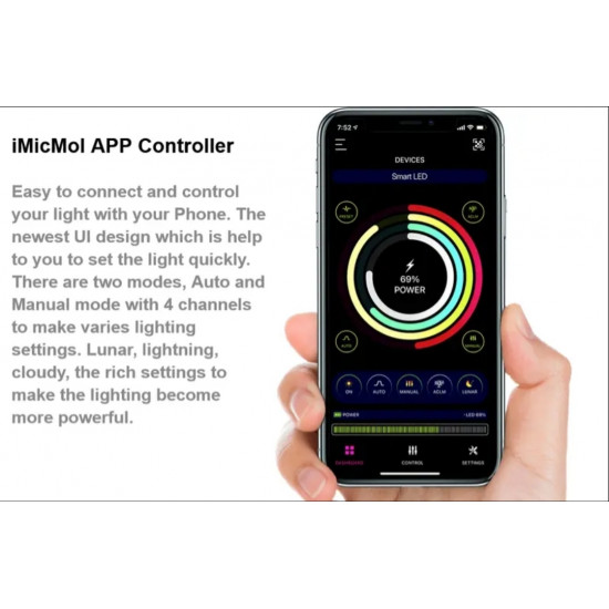 إضاءة LED مع خاصية WIFI بتحكم كامل وذكي  بالإضافة إلى أستاند من الألمينيوم - MicMol Aqua CC