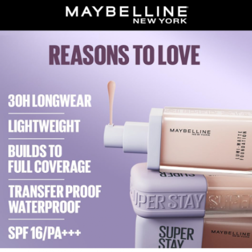  مايبيلين كريم اساس سوبر ستاي يدوم حتى 30 ساعة لومي-مات من نيويورك، تغطية متوسطة كاملة، تركيبة نباتية*، احماض امينية، نياسيناميد، فيتامين E - درجة 90، كل الأنواع