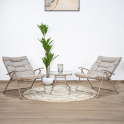طقم جلسة خارجية قابلة للطي كرسيين مع طاولة بسطح زجاجي فاخر -  كاكي