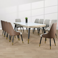 طاولة طعام رخام 10 كراسي من الجلد بأرجل معدنية طاولة طعام رخام 10 كراسي من الجلد بأرجل معدنية