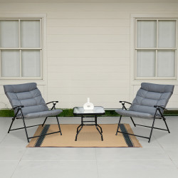 طقم جلسة خارجية قابلة للطي كرسيين مع طاولة بسطح زجاجي فاخر - رمادي