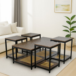 طقم طاولات خدمة 5 قطع 2 دور خشب مع راتان طقم طاولات خدمة 5 قطع 2 دور خشب مع راتان