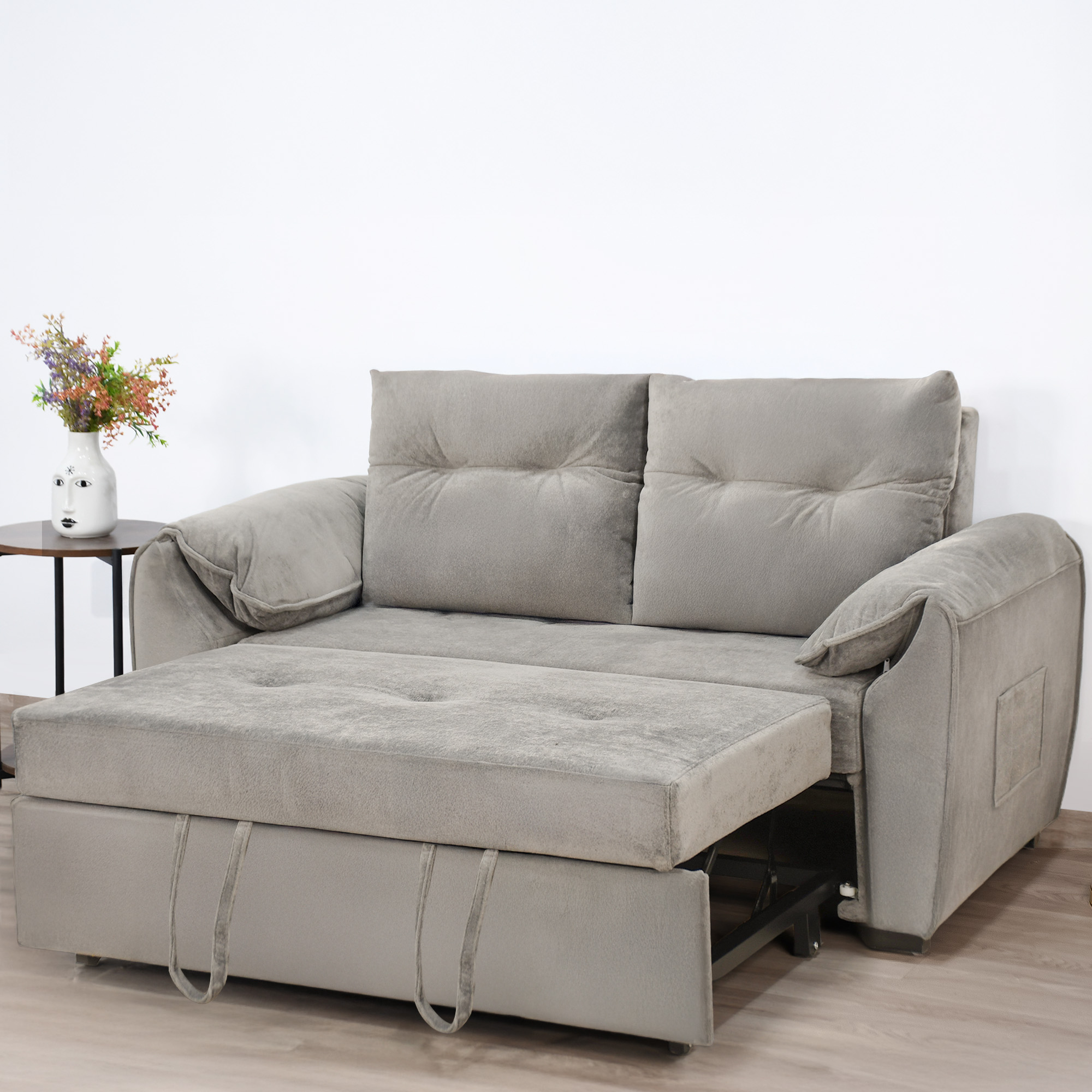 أبعاد كنبة سرير رمادي فضي في وضع الكنبة والسرير