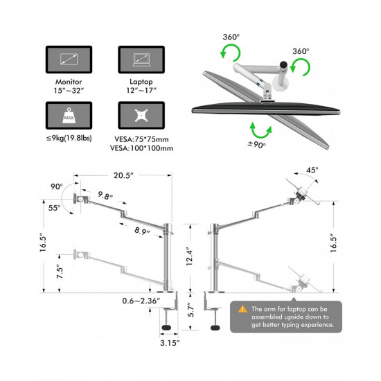 Aluminum Height Adjustable Desktop Dual Arm 17-32 inch Monitor Holder+12-17 inch Laptop Holder Stand OL-3L Full Motion Mount Arm