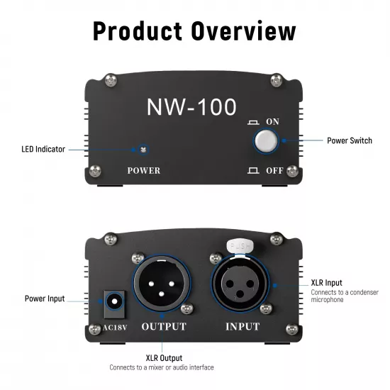 NEEWER NW-100 48V Phantom Power Supply with Adapter