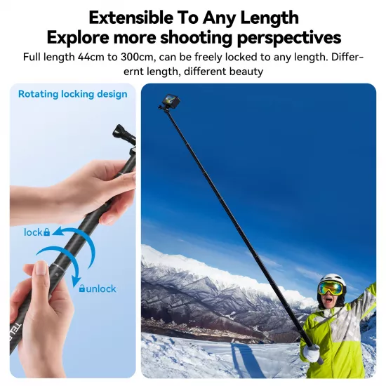 TELESIN New Design 3m Carbon Fiber Selfie Stick