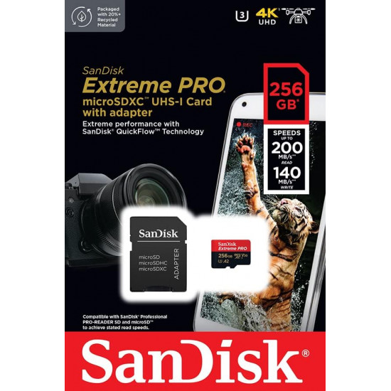 Sandisk Extreme Pro 256GB MicroSDXC 200MB/s Memory Card with SD Adapter
