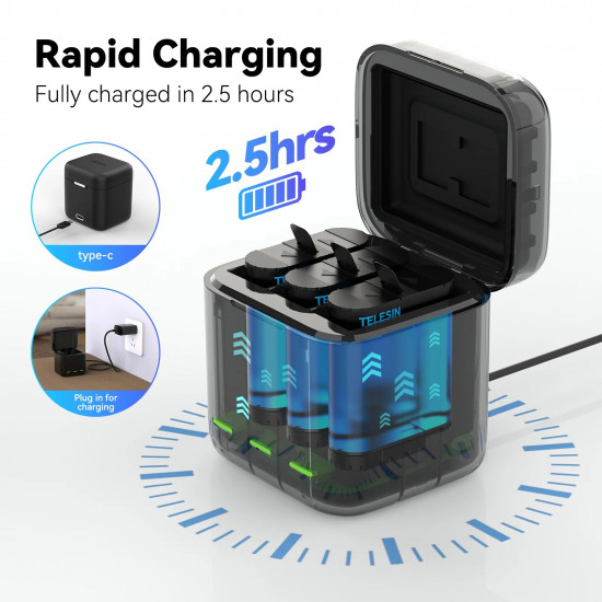 TELESIN Charging Case With 2 Batteries for Hero 12/11/10/9