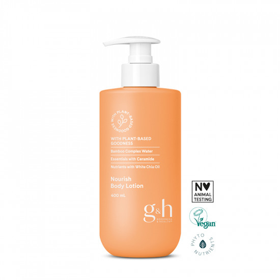 Nourish Body g&h GOODNESS & HEALTH™ - لوشن الجسم بالسيراميد المشتق من زيت الزيتون وزيت الشيا الأبيض من جي اتش 400مل Nourish Body g&h GOODNESS & HEALTH™ - لوشن الجسم بالسيراميد المشتق من زيت الزيتون وزيت الشيا الأبيض من جي اتش 400مل