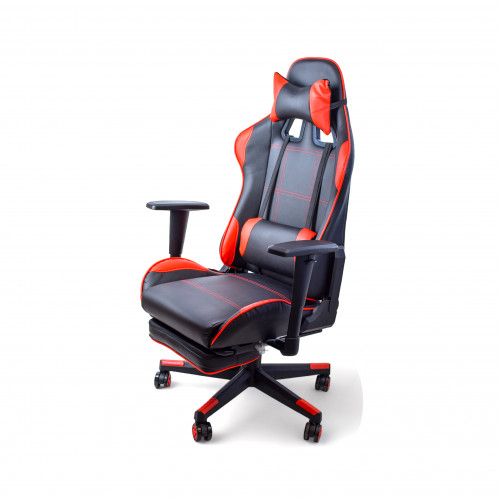 كرسي قيمنق باللون الاحمر و الاسود مع مسندة للارجل