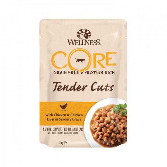 مغلفات ويلنس كور WELLNESS CORE طعام طري للقطط  85 جم بقطع الدجاج الطرية وكبد الدجاج في مرق