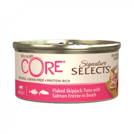 طعام معلب WELLNESS CORE للقطط 79 جم شرائح التونه مع السلمون في المرق طعام معلب WELLNESS CORE للقطط 79 جم شرائح التونه مع السلمون في المرق
