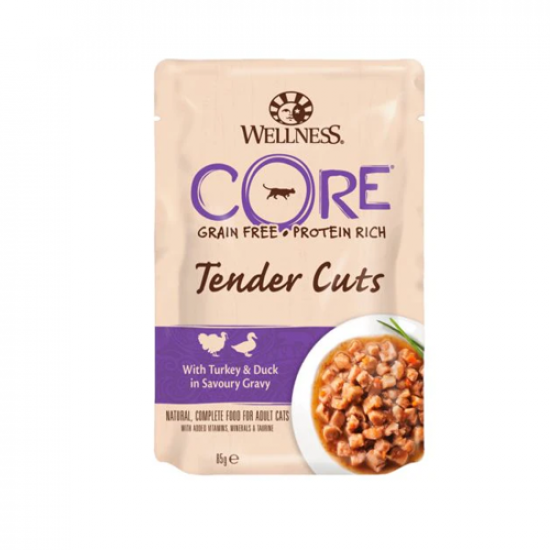 مغلفات ويلنس كور WELLNESS CORE طعام طري للقطط 85 جم قطع الديك الرومي مع البط في مرق