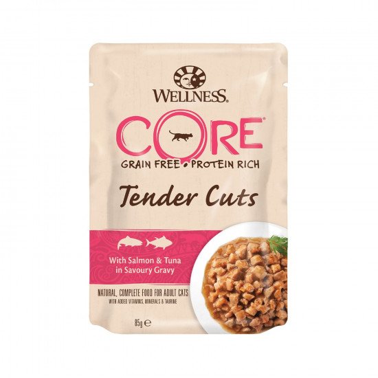 مغلفات ويلنس كور WELLNESS CORE طعام طري للقطط  85 جم بقطع السلمون والتونة الطرية في مرق