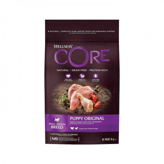 طعام جاف ويلنس كور WELLNESS CORE للجراء بالديك الرومي والدجاج خالي من الحبوب 