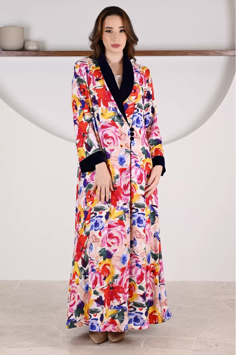 عباية 01060 عباية بليزر متداخلة القطع من قماش رايون  مطبوع 