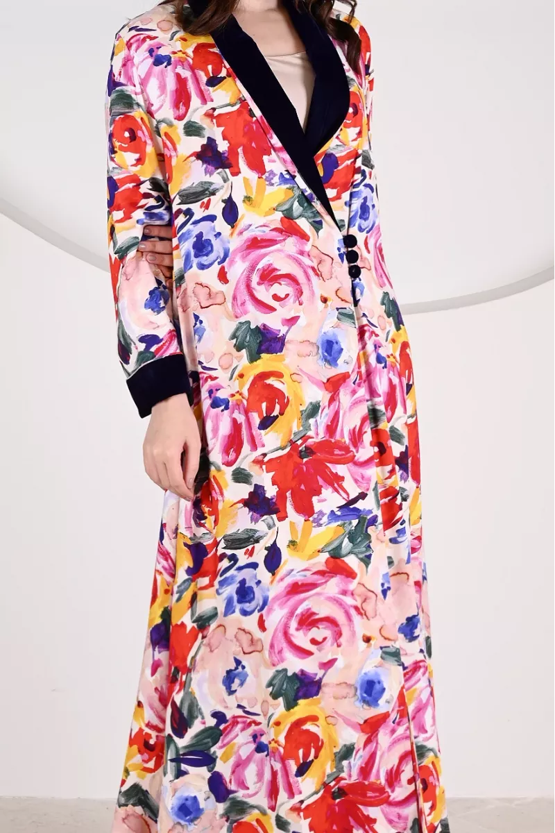 عباية 01060 عباية بليزر متداخلة القطع من قماش رايون  مطبوع 