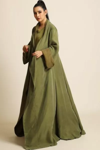عباية دبل فيس سلك ثقيل أخضر زيتي ( أوليڨ جرين ) 077