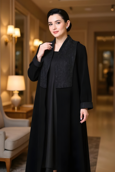 عباية كريب أسود مع جاكار 01010