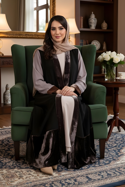 عباية 01039 كريب مع مخمل و حواف برونزية